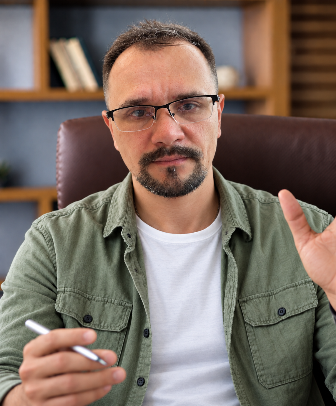 Сергей в кресле в рабочем кабинете